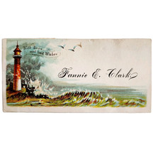 C1880s Calling Business Card Victorian Fannie E Clark Lighthouse Lithogr... - £15.45 GBP