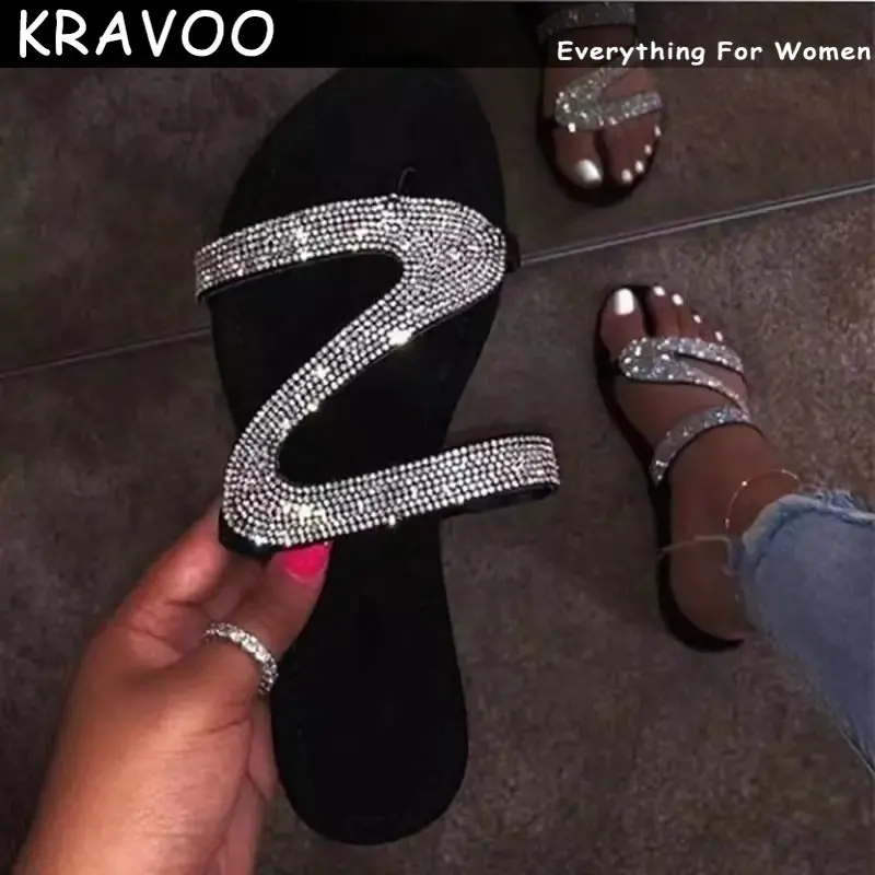 KRAVOO Women Shoes Z-shaped Rhinestone Beach Sandals For Women Flip Flops Slippe - $59.16