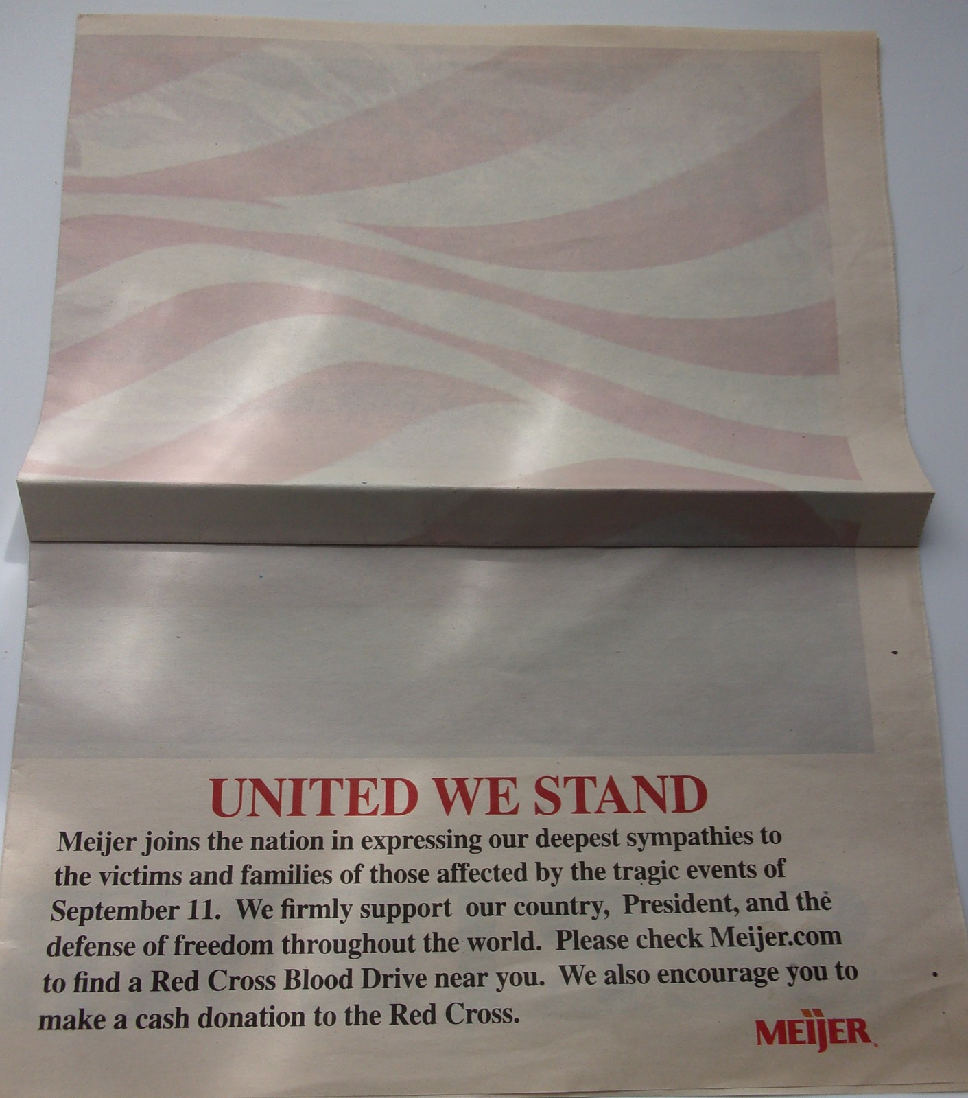Vintage Meijer Promotion Paper Window Flag United We Stand Sept 11 2001 - $1.99