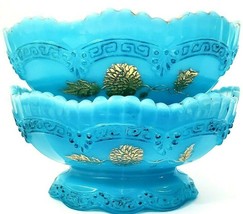 Northwood Chrysanthemum Sprig Berry Bowls Set of 2 Blue Custard With Gol... - $130.89