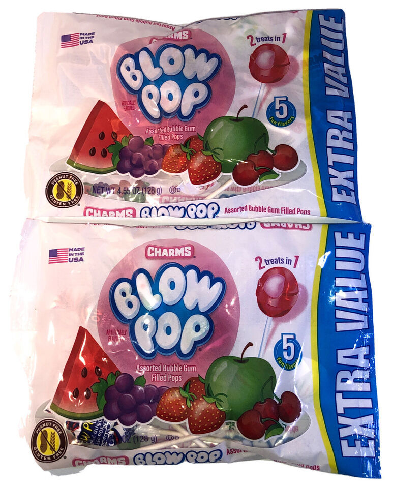 2ea 4.55oz Bags Charms Blow Pops,5 Fruit Flavors Filled W Bubble Gum-SHIPS N 24H