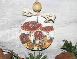 Whimsical Enchanting Cottage core Natural Wood Ornament / Wall Hanging Mushrooms - £9.61 GBP