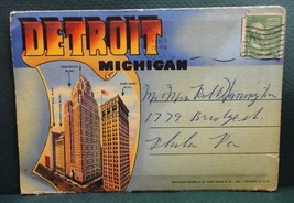 vintage PC LINEN FOLDER DETROIT MI buildings bridges cars boats water gr... - £11.68 GBP