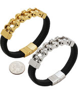 316L Stainless Steel 18k Gold Plated 16mm Bike Chain Leather Bracelet 8.5” - $33.99