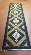 Runner Rug Vintage Indian Kilim Geometric Flatweave Wool 2&#39; 8&quot; x 9&#39; 9&quot; Black - £396.80 GBP