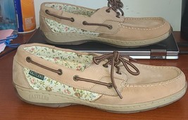 Eastland Solstice Leather  Suede Boat Shoe Loafer Flat Womens Sz 10M Tan Floral - £14.54 GBP