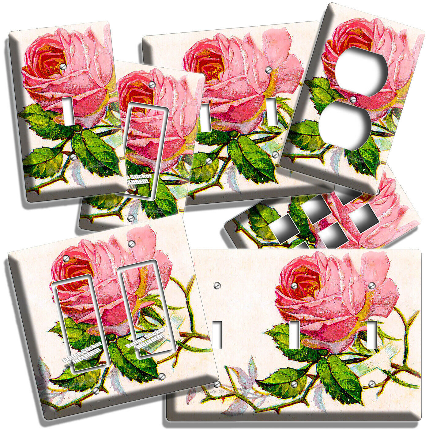 RETRO PINK ROSE WITH THORNS LIGHT SWITCH OUTLET WALL PLATE VINTAGE ROOM HD DECOR