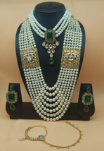 Indian Pearl Necklace Earrings Rani Haar Bollywood Long Choker Nose Ring Green - £30.29 GBP