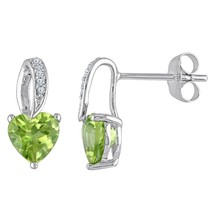1.71ct Simulated Peridot &amp; CZ 14K White Gold Plated Silver Heart Stud Earrings - £44.32 GBP