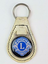 Vintage Lions International leather keychain keyring metal back White/Creme - $19.79