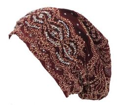 Burgundy Slouch Beanie Laced Rhinestones Tube Beanie Muslim Hijab Turban... - £21.87 GBP