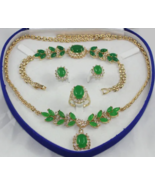 Green Jade 18K Gold Plated Necklace Link Bracelet Earrings Ring Jewelry ... - £39.34 GBP