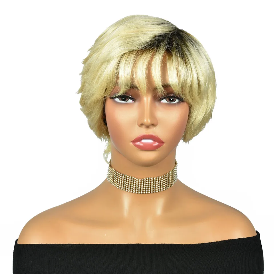 Omber Blonde Pixie Cut Wigs T4/613 Glueless Human Hair Wigs Dark Root Blon - £28.52 GBP