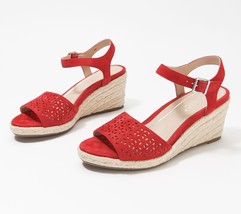 Vionic Leather Perforated Espadrille Wedges - Ariel in Cherry 9 M - $193.99