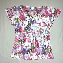 Floral Blouse Top Women’s Large Pink Multicolor Flowy Shirt Tiered Ruffle Loose - £18.68 GBP