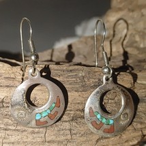 Vintage Sterling Silver Dangle Earrings Turquoise Coral Inlay Sunburst S... - $112.20