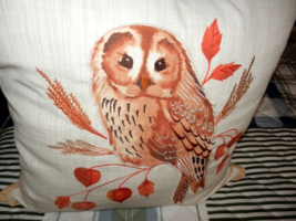 New Fall Owl Throw Pillow 20&quot; Brown Orange Beige Embroidered Autumn Deco - £19.45 GBP
