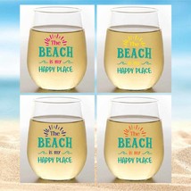 Closeout-BEACH is my HAPPY PLACE Set of 4 Plastic Unbreakable 16 oz Stem... - £13.72 GBP