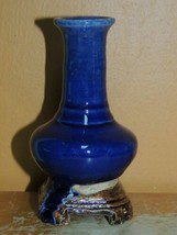 Chinese Mud Vase pedestal Blue 4.5&quot; drip glaze unmarked Mudman Antique V... - $49.49