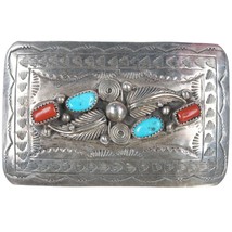 Vintage Navajo Sterling turquoise/coral belt buckle - £178.48 GBP