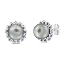 Classic Sparkling Cubic Zirconia Around a Gray Faux Pearl Post Stud Earrings - £10.81 GBP
