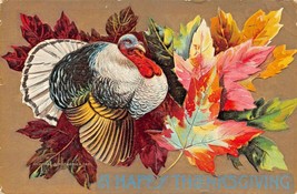 A Happy Thanksgiving~Turkey With Colorful LEAVES~1910 Embossed Postcard - £4.72 GBP