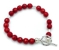 Red Glass Bead Sterling Silver Toggle Clasp Bracelet 8&quot; - £18.98 GBP