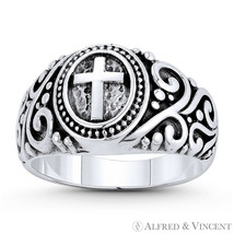 Cross Charm Filigree 3-11mm .925 Sterling Silver Right-Hand Signet Catholic Ring - £21.98 GBP