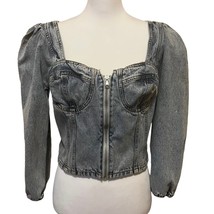 Venus Denim Top Shirt Blue Cropped Balloon Sleeve Front Zip Stone Wash W... - £11.87 GBP