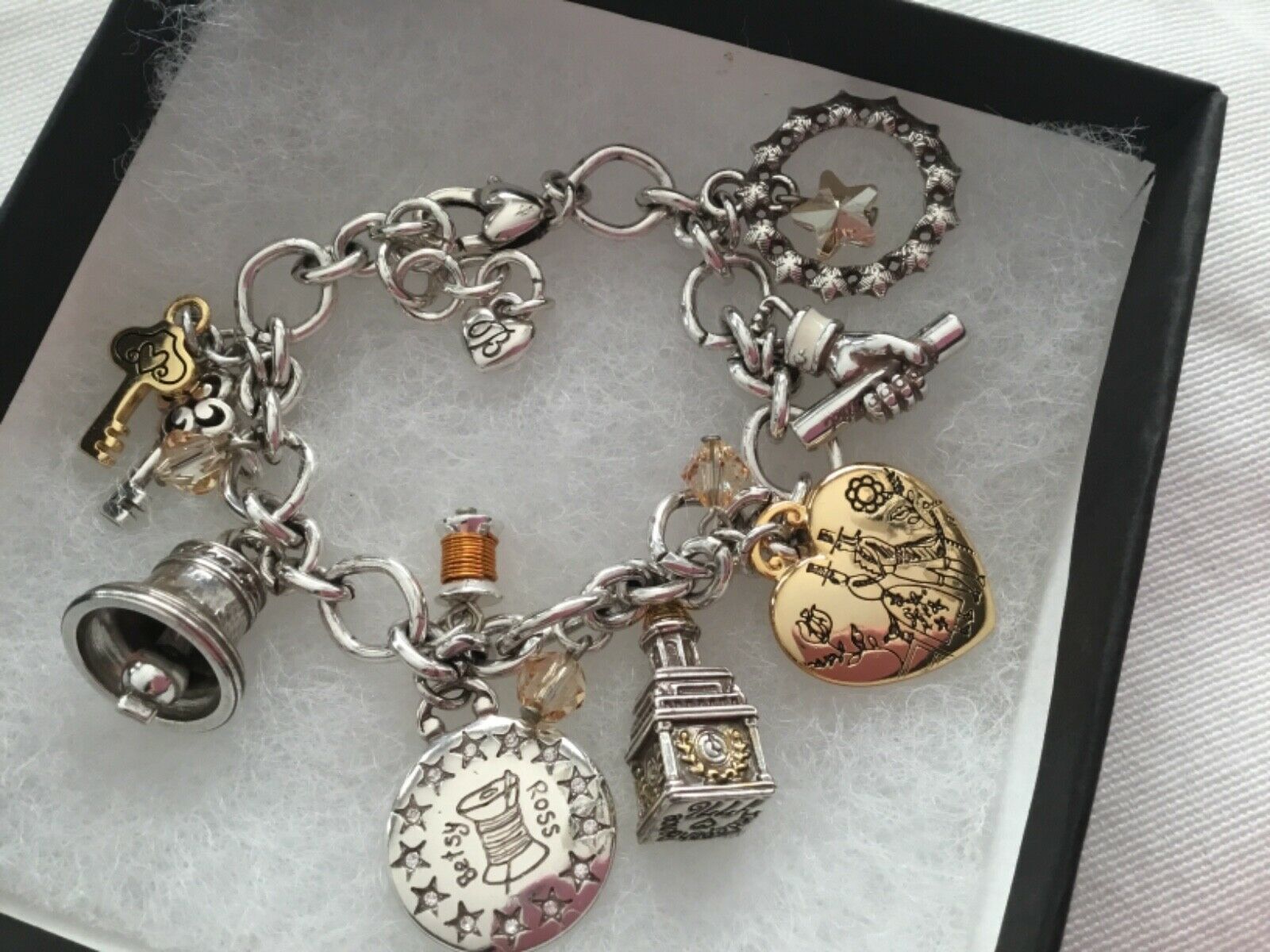 BRIGHTON LIBERTY Bell Heart Silver Gold Crystal 12 Charm BRACELET Nwotag - $68.55