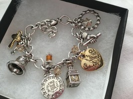 Brighton Liberty Bell Heart Silver Gold Crystal 12 Charm Bracelet Nwotag - £54.49 GBP