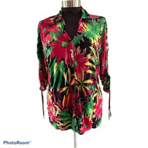 Patchington Top Womens L Tropical Floral Blouse Rouched Sleeves Red Gree... - £13.88 GBP