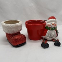 Christmas Planters Red Ceramic Santa&#39;s Boot Sparkle Set Of 2 - £14.80 GBP