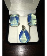 Vintage Japanese sterling reverse carved blue glass pagoda pendant and e... - €81,19 EUR