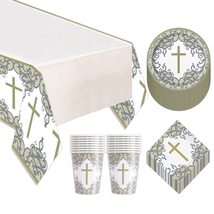 Fancy Silver &amp; Gold Religious Cross Dinner Party Pack - Paper Plates, Lu... - £15.47 GBP