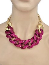 Tiny Fuchsia Pink Beads On Golden Chain Necklace Earrings Jewelry Set - £19.80 GBP