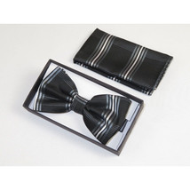Men Bow Tie Hankie Set Formal Event Tuxedo, Business Suit #BT3 Black Striped image 5