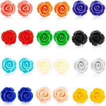 12 Pairs Assorted Colors Resin Rose Flower Earring Studs - £20.29 GBP