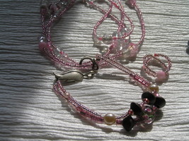 Estate Parure Handmade Light Pink &amp; White Bead Long Necklace Bracelet and Ring – - £8.78 GBP