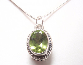 Small Faceted Peridot Oval 925 Sterling Silver Necklace Accented Perimeter - £12.70 GBP