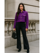 ZARA Women’s Purple Cropped Jacket XS Gold Button Front Tweed Shacket Bl... - €27,39 EUR