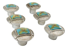 Set Of 6 Western Rustic Turquoise Silver Ropes Cross Cabinet Door Pull K... - $30.99