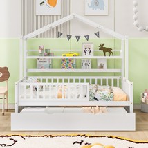 Wooden Twin Size House Bed with Trundle,Kids Bed with Shelf - White - $397.34