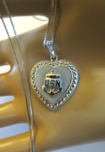 WWII Theda Sterling USN Navy Sweetheart Heart Pendant MOP Marcasites Box Chain - £27.17 GBP