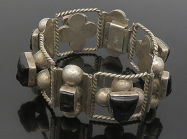MEXICO 925 Silver - Vintage Face Carved Black Onyx Chain Bracelet - BT7556 - £159.10 GBP