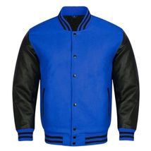 Men Blue Varsity Leather Jackets With Black Sleeves - $53.00