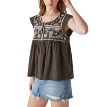 Lucky Brand Women&#39;s Embroidered Bib Cotton Top Charcoal 2XL B4HP - $29.95