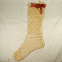 Vintage Victorian Christmas Stocking w/Bow Embroidered Cream Showing Age Patina - £15.61 GBP