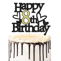 Sumerk 8th Birthday Cake Topper Black Gold Glitter Party Decoration - $9.62