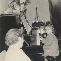 found black &amp; White photo young girl playing piano with grandma teaching - £6.36 GBP